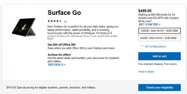 微软新款Surface Go开售：128GB/Intel 4415Y/4GB RAM