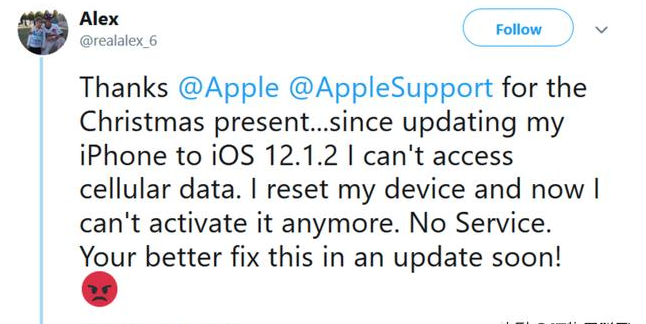 苹果iOS 12.1.2系统更新后 手机失去蜂窝数据连接