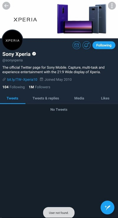 索尼Xperia的官方推特疑似遭到停用