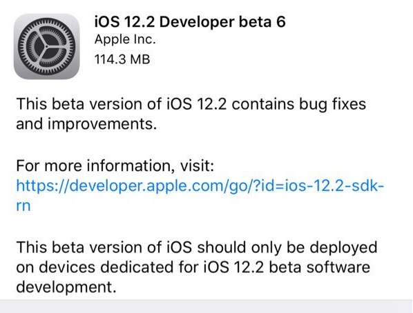 苹果iOS 12.2开发者预览版beta 6发布